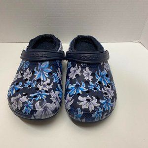 Blue Floral Fuzzy Crocs